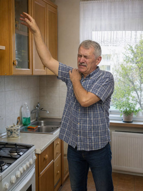 Mężczyzna w kuchni nie może sięgnąć do górnej półki