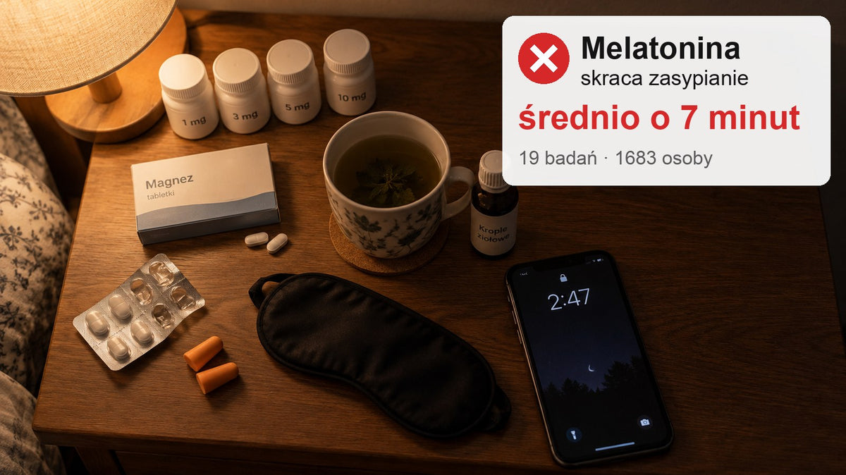 Szafka nocna pełna prób: melatonina 1, 3, 5 i 10 mg, magnez, melisa, krople, tabletki nasenne, zatyczki do uszu i opaska na oczy, telefon pokazuje 2:47, obok napis: melatonina skraca zasypianie średnio o 7 minut