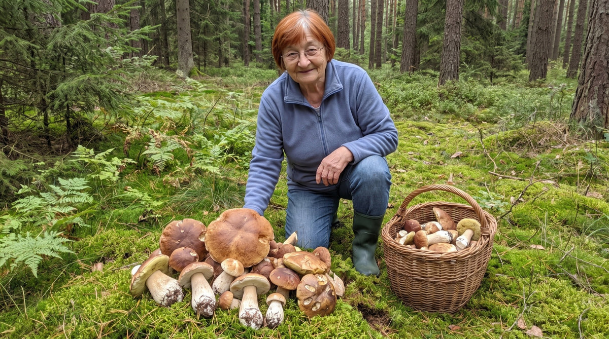 Maria klęczy w mchu przy stosie prawdziwków
