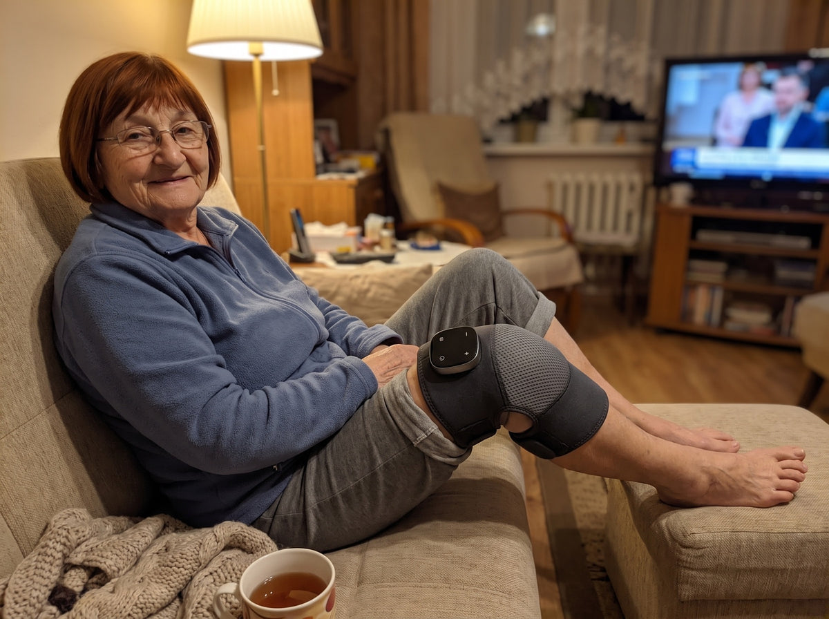 Maria na kanapie z opaską na kolanie