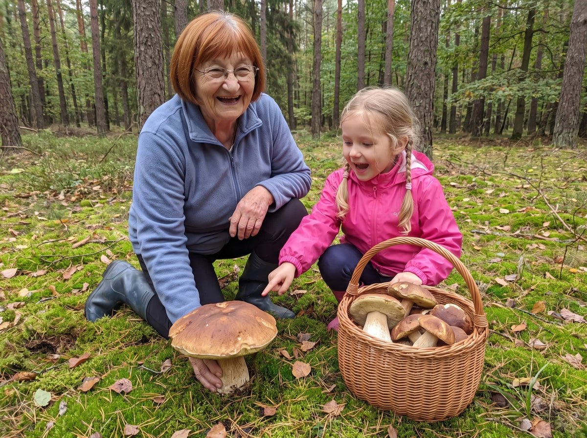klęczy przy prawdziwku, obok Zosia