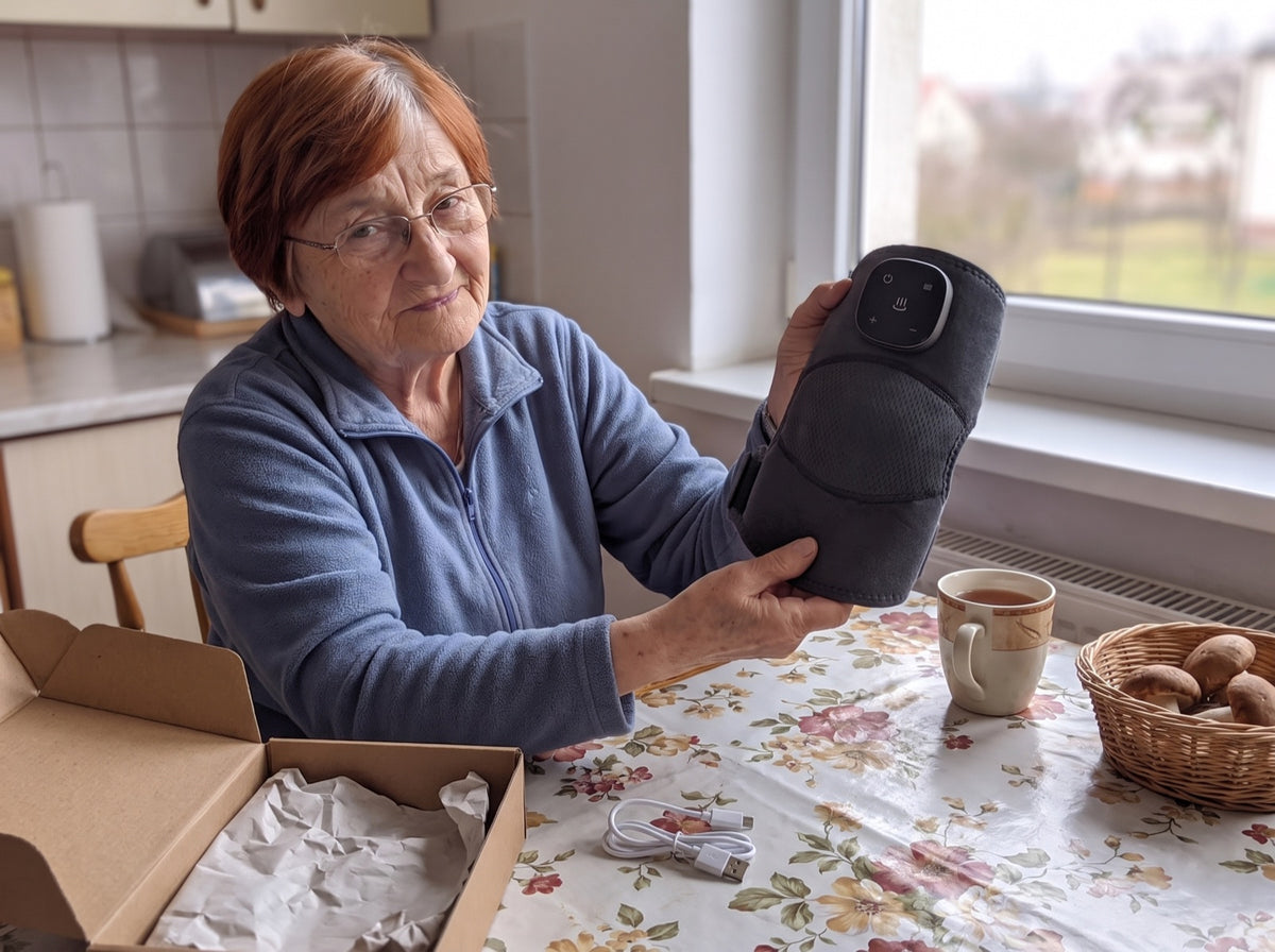 Maria przy kuchennym stole trzyma opaskę, obok karton i kabel