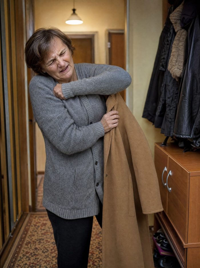 Kobieta w przedpokoju, ręka utknęła w rękawie płaszcza