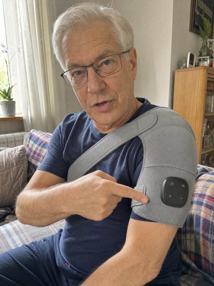 Klient na kanapie z opaską na barku pokazuje sterownik