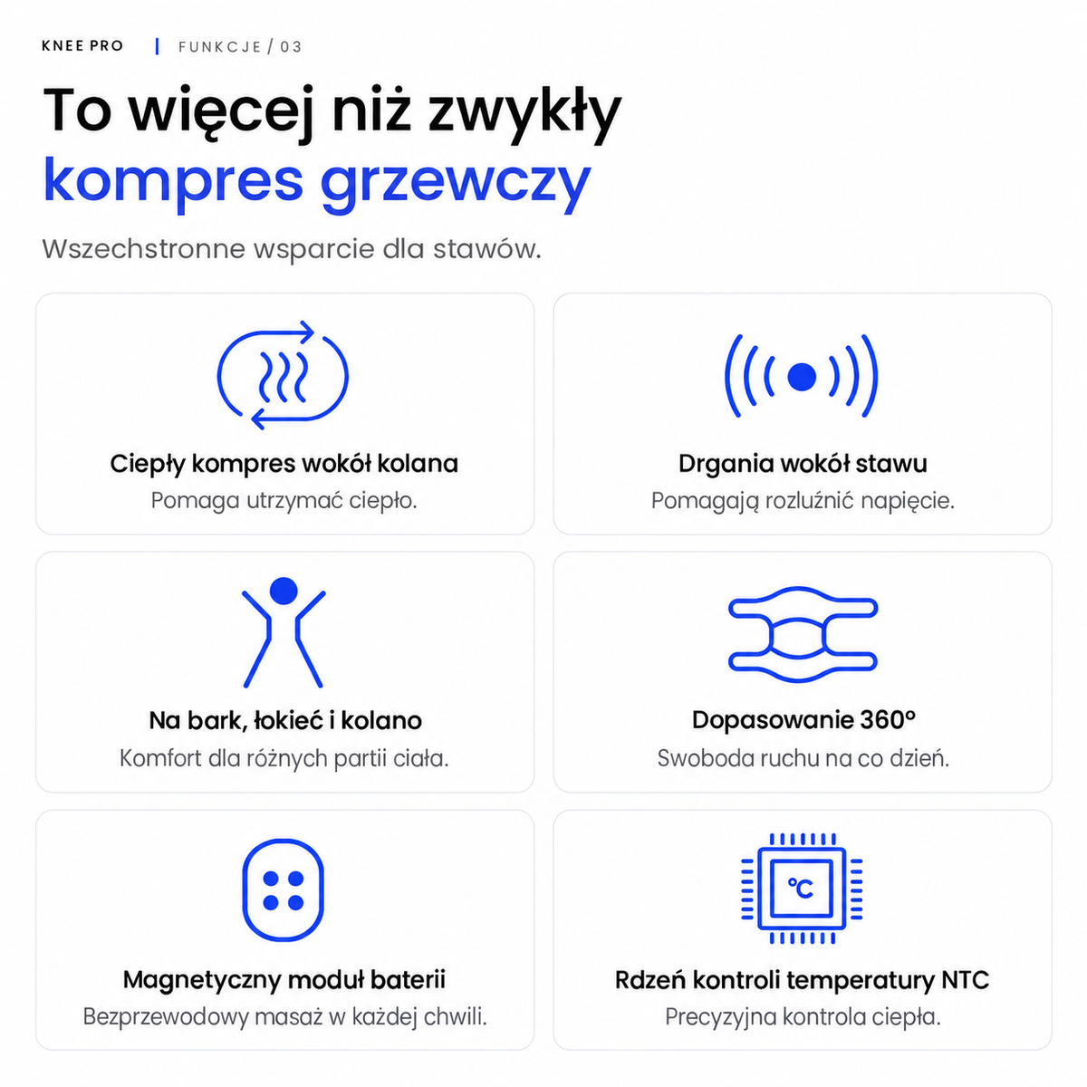 To więcej niż zwykły kompres grzewczy: ciepły kompres, drgania, dopasowanie 360°, magnetyczny moduł baterii, kontrola temperatury NTC
