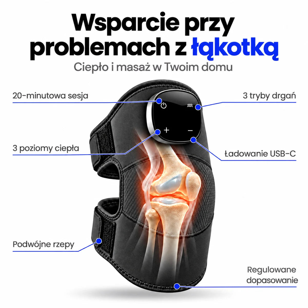 Wsparcie przy problemach z łąkotką. Ciepło i masaż w Twoim domu — Noom Knee Pro.