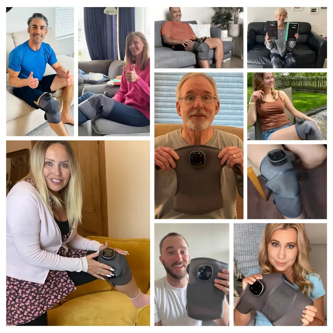Kolaż osób prezentujących masażer Noom Knee Pro