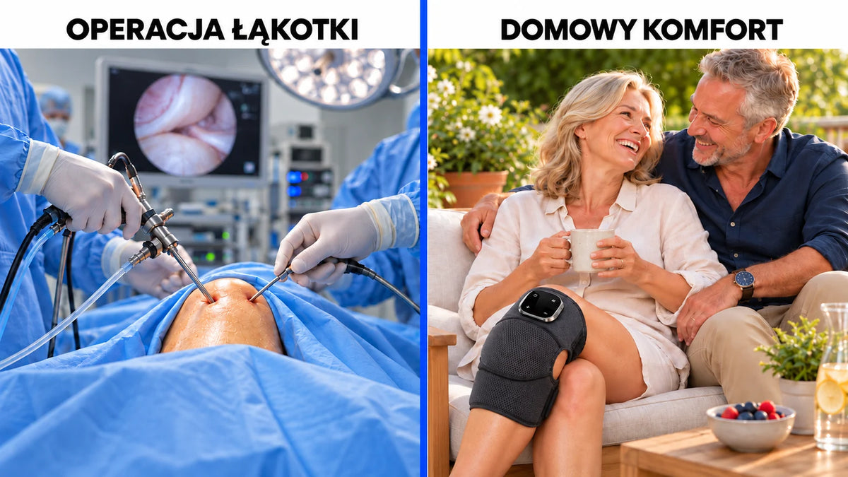 Ilustracja AI: artroskopia kolana po lewej i zadowolona para odpoczywająca na tarasie po prawej.