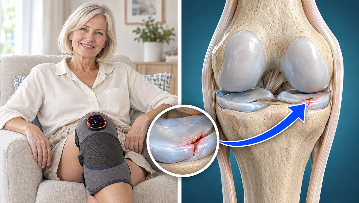 Zadowolona kobieta z Noom Knee Pro oraz ilustracja uszkodzonej łąkotki z powiększeniem