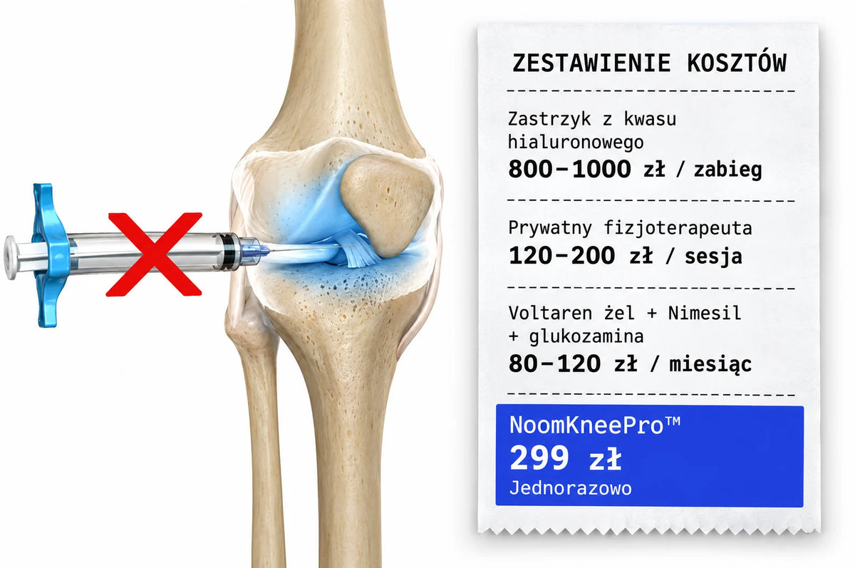 Przekreślony zastrzyk w kolano i zestawienie kosztów w formie paragonu