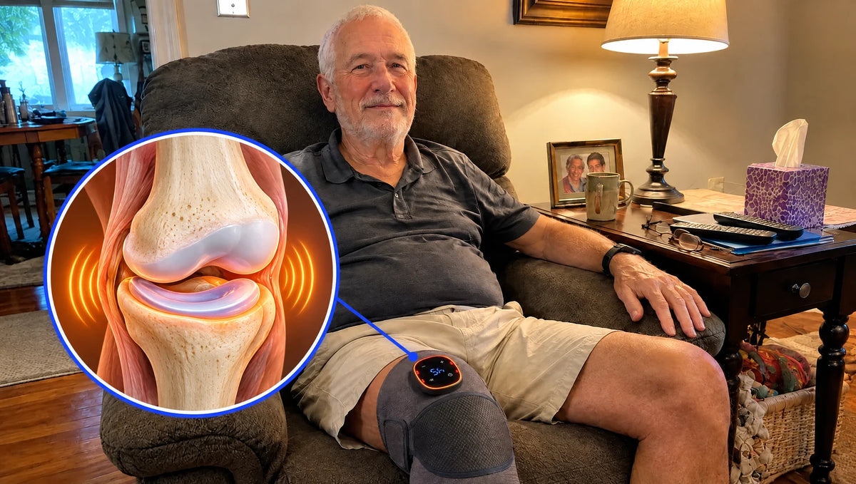 Mężczyzna z opaską Noom Knee Pro i ilustracyjne powiększenie kolana z łąkotką oraz wizualizacją ciepła