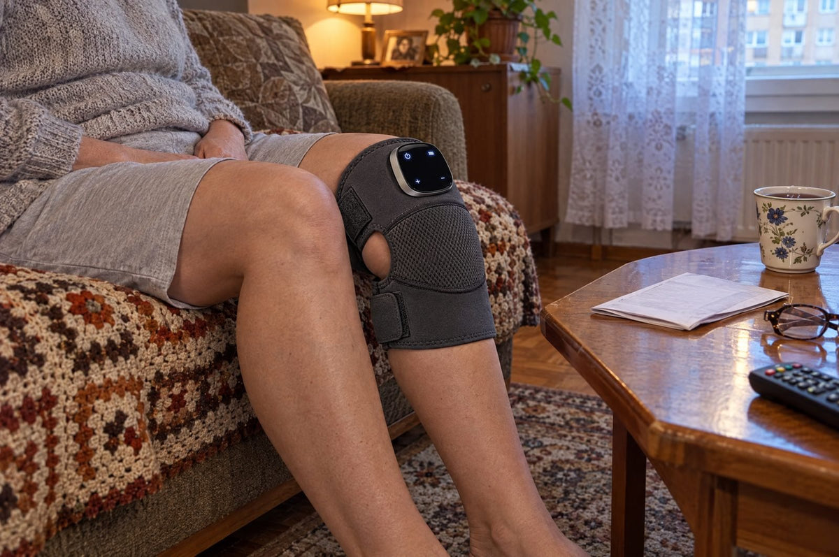 Nogi kobiety siedzącej na kanapie, na kolanie masażer Noom Knee Pro; na stoliku skierowanie, okulary, filiżanka i pilot od telewizora.