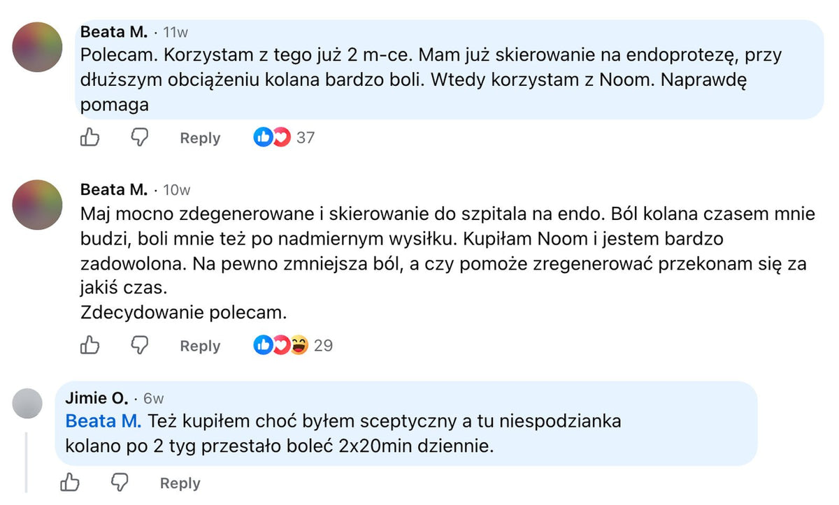 Trzy zrzuty komentarzy z Facebooka: dwa komentarze Beaty M. o masażerze Noom i odpowiedź Jimiego O. Nazwiska skrócone do inicjału, zdjęcia profilowe rozmyte.