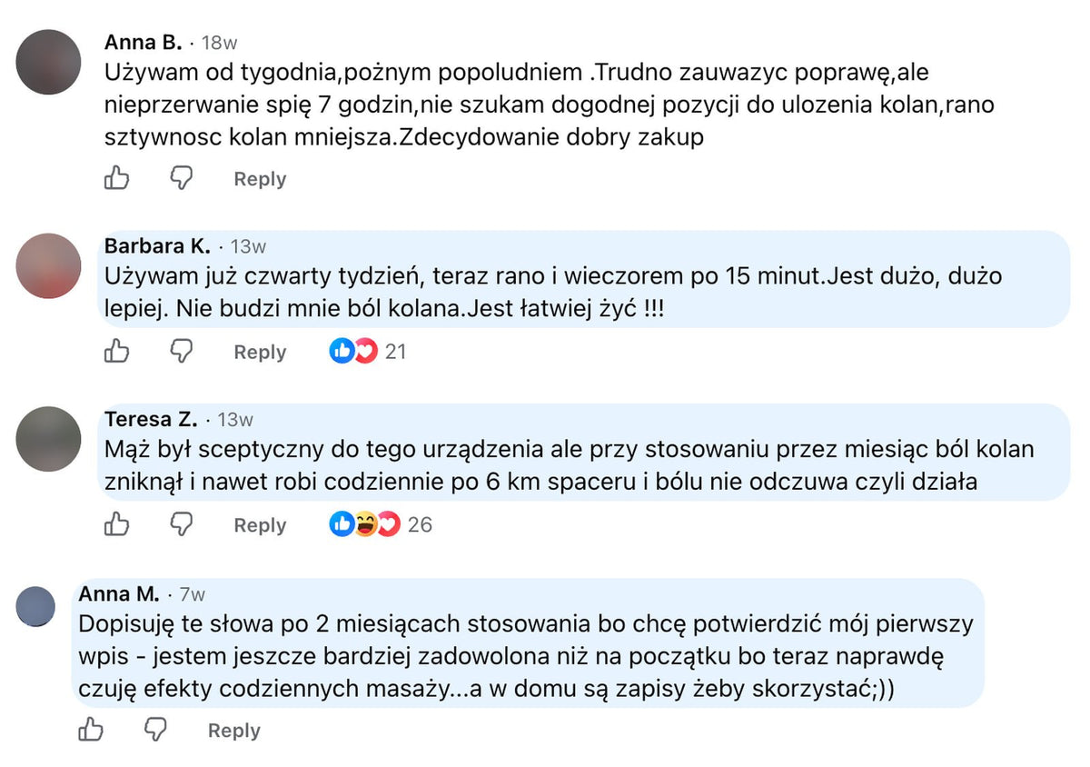 Cztery zrzuty komentarzy z Facebooka: Anna B., Barbara K., Teresa Z. i Anna M. Nazwiska skrócone do inicjału, zdjęcia profilowe rozmyte.