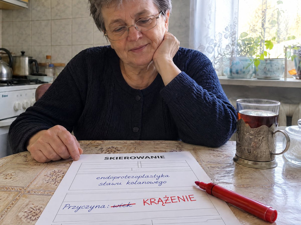 Teresa przy kuchennym stole nad skierowaniem na endoprotezę kolana; przyczyna »wiek« przekreślona, czerwonym markerem dopisane »krążenie«
