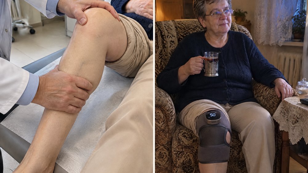 Ortopeda zgina kolano pacjentki na kontroli; Teresa w domu, w fotelu, z masażerem Noom Knee Pro i szklanką herbaty