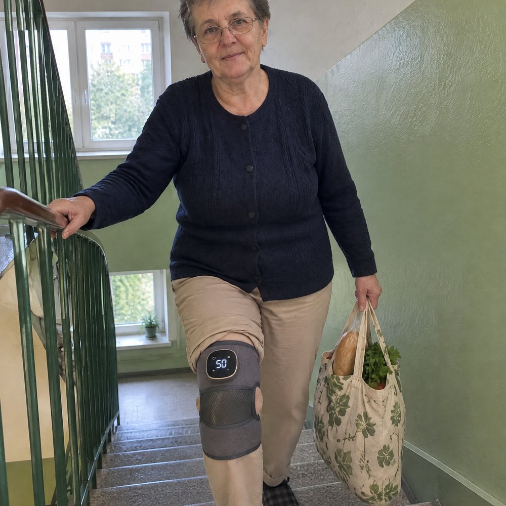 Teresa z masażerem Noom Knee Pro na kolanie wchodzi po schodach w bloku z siatką zakupów