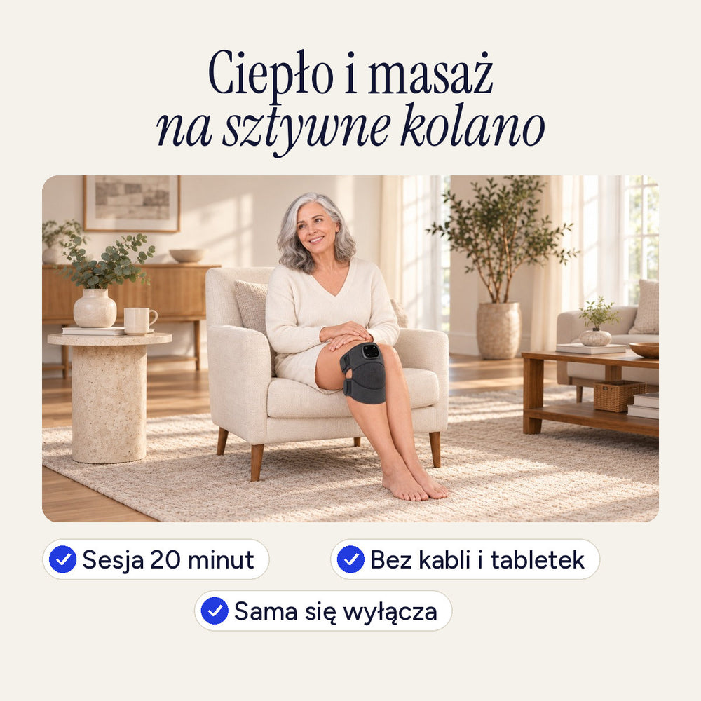 Ciepło i masaż na sztywne kolano: sesja 20 minut, bez kabli i tabletek, sama się wyłącza