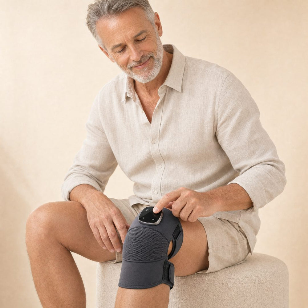 Mężczyzna z opaską Noom Knee Pro na kolanie naciska panel