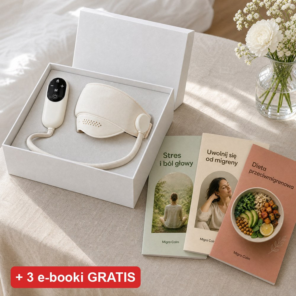 Maska Noom Migra Calm z pilotem w białym pudełku i trzy e-booki gratis: Stres i ból głowy, Uwolnij się od migreny, Dieta przeciwmigrenowa