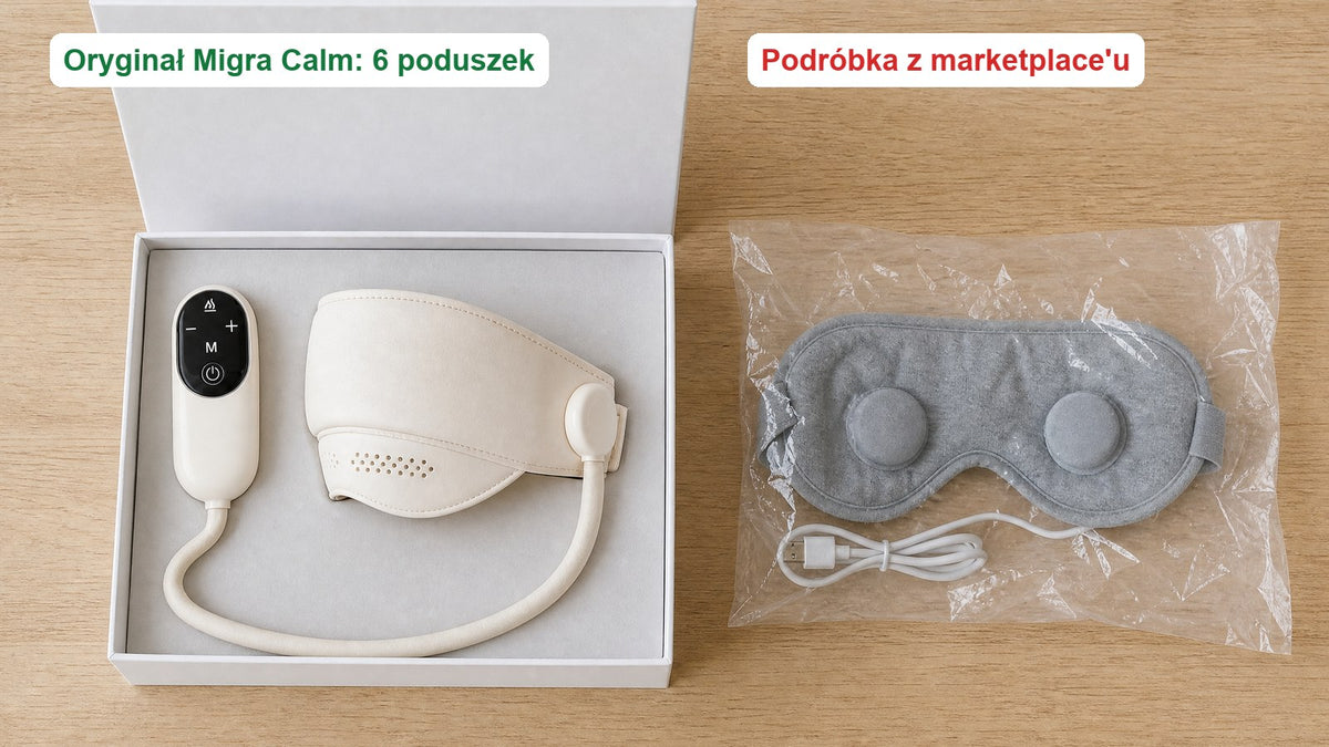 Oryginalna maska Migra Calm w pudełku obok taniej maski z marketplace'u z dwiema poduszkami
