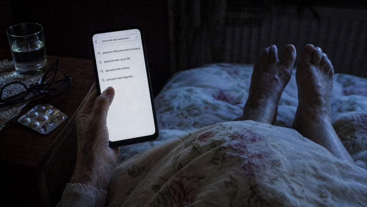 Ręka starszej kobiety trzyma w nocy telefon z wyszukiwaniem: pieczenie stóp wieczorem