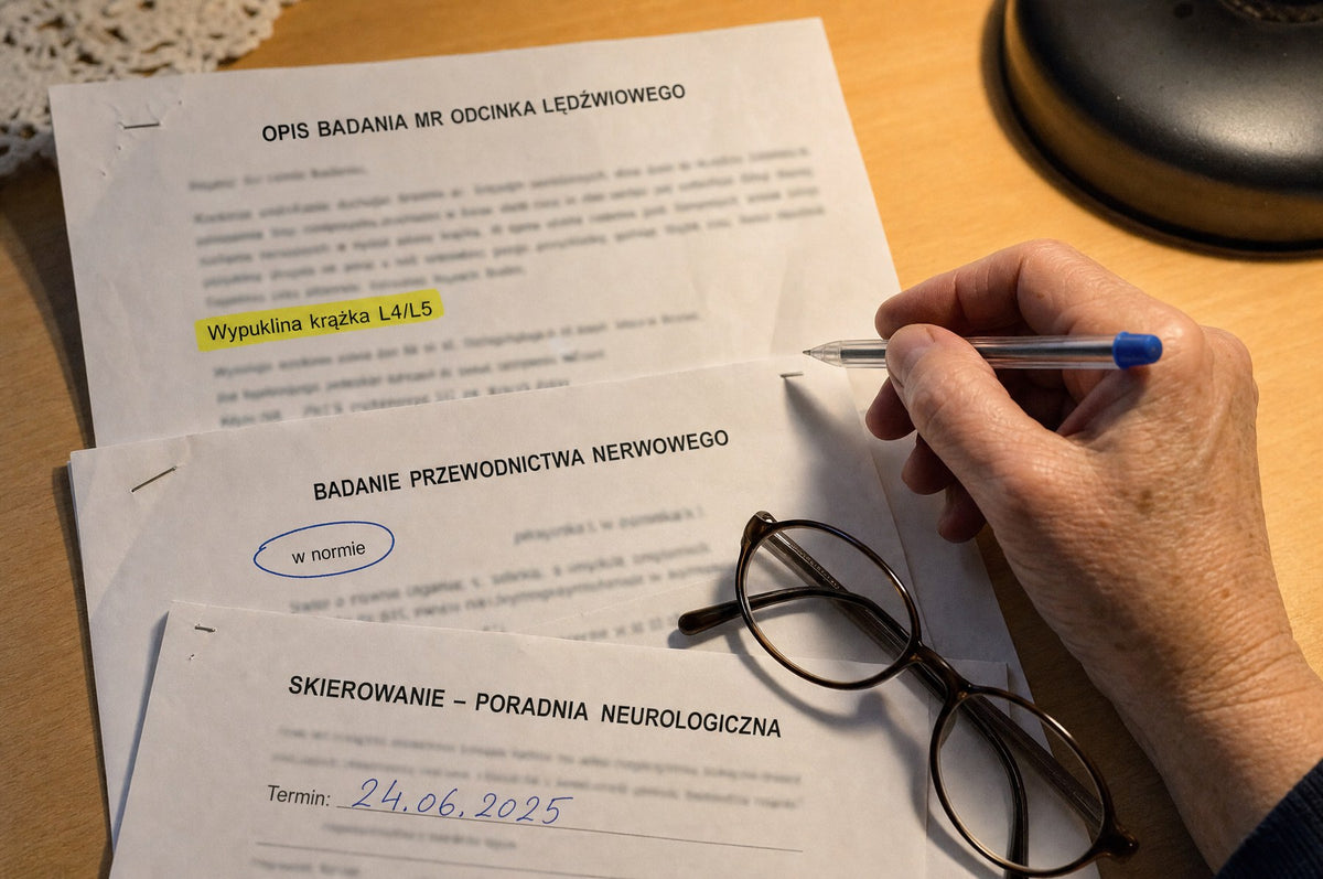 Opis rezonansu z zaznaczoną wypukliną L4/L5, wynik przewodnictwa nerwowego „w normie” i skierowanie do poradni neurologicznej