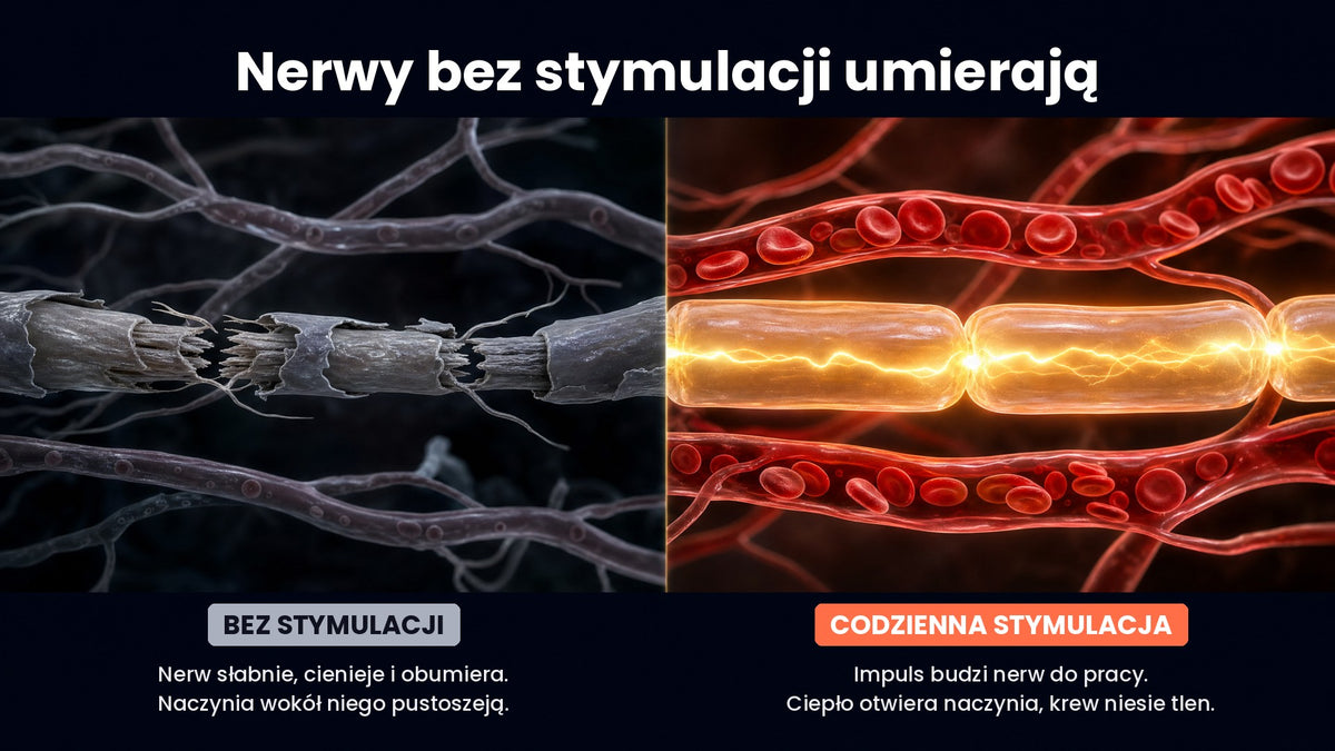 Ten sam nerw w stopie: po lewej bez stymulacji, szary i obumierający, z pustymi naczyniami; po prawej pobudzany codziennie, zdrowy, z naczyniami pełnymi krwi