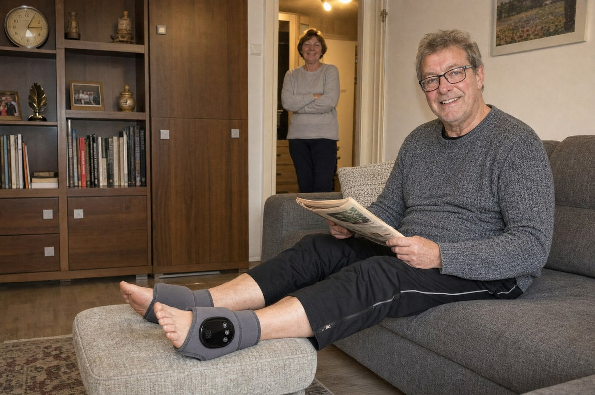 Pan Tadeusz, 67 lat, na kanapie z opaskami NoomEMS na obu stopach; w drzwiach stoi żona
