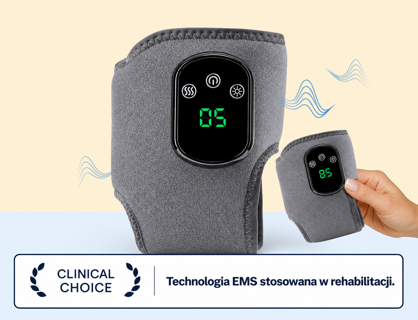 NoomEMS na jasnym tle, duży produkt i detal trzymany w dłoni; Clinical Choice — technologia EMS stosowana w rehabilitacji